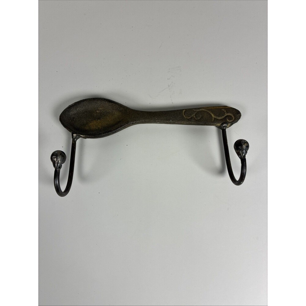 Vintage Rustic Spoon Wall Mounted 2 Hooks Heavy Cast Iron 8” - Picture 1 of 7